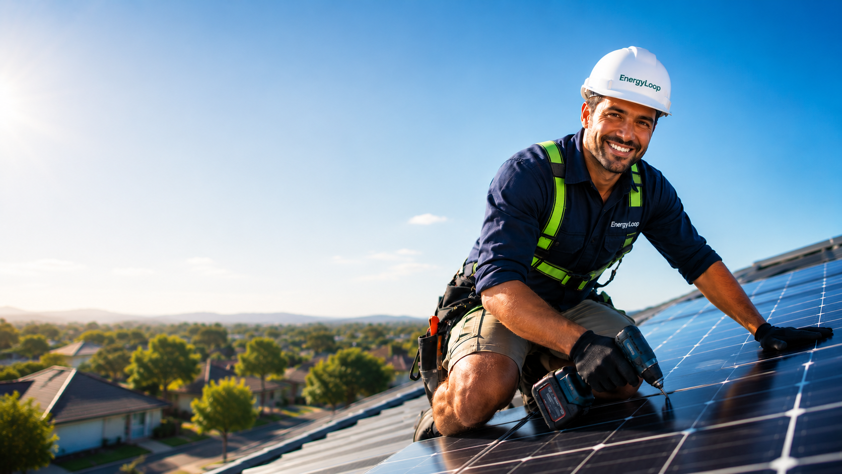 Energy Loop solar technician installing rooftop panels