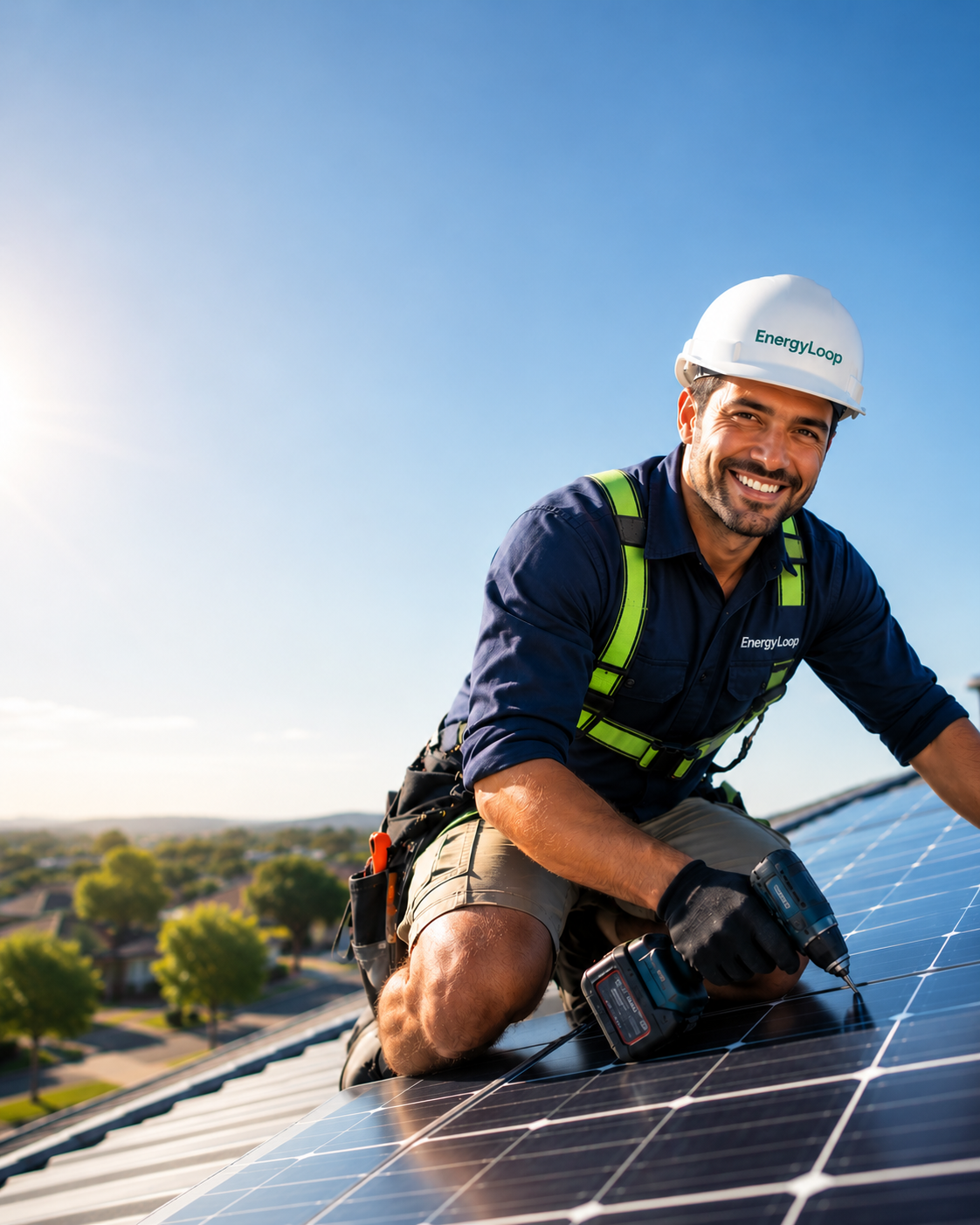 Energy Loop solar technician installing rooftop panels